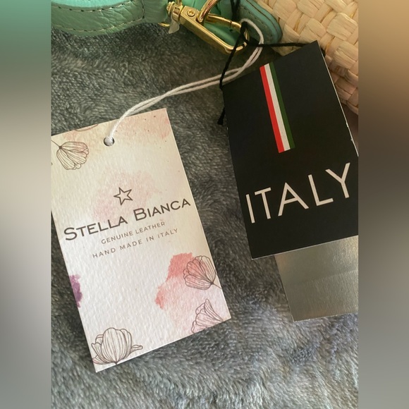 STELLA BIANCA Aqua Raffia Chain Crossbody Bag With Leather Trim Made In … - Picture 7 of 11